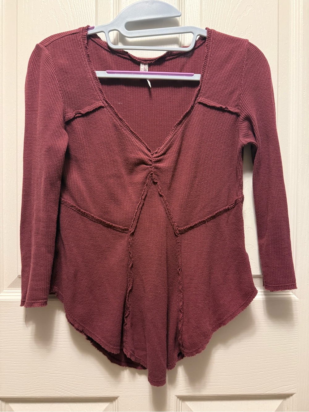 Free People Wine Ruched V-Neck Waffle Tunic